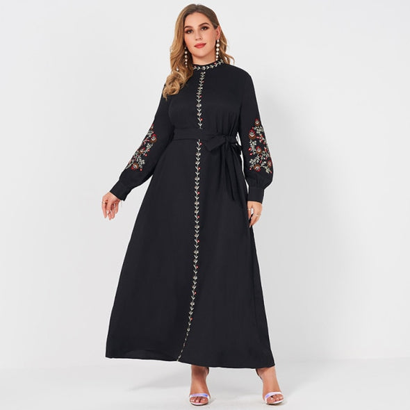 Ladies Fashion Resort Small Stand Collar Floral Embroidery Long Sleeve Loose Belt Sweet Elegant Woman Black Party Maxi Dress 4XL
