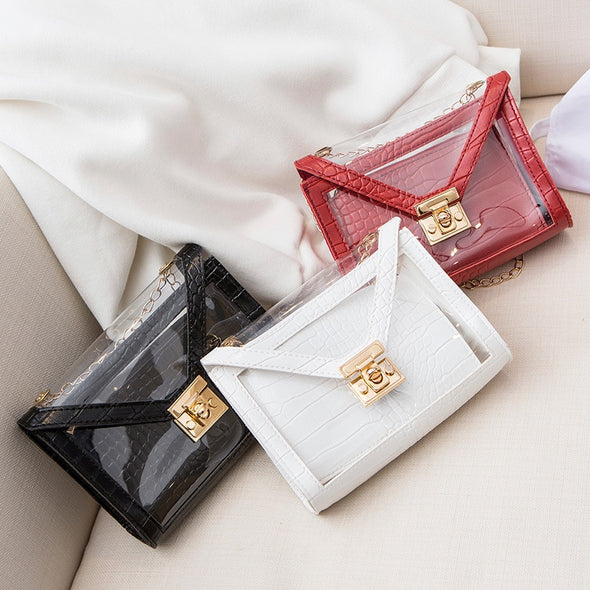 Crocodile Pattern Jelly Women's Shoulder Bag 2020 Summer Autumn Bags Transparent Handbag Personality Lock Chain Small Square Bag