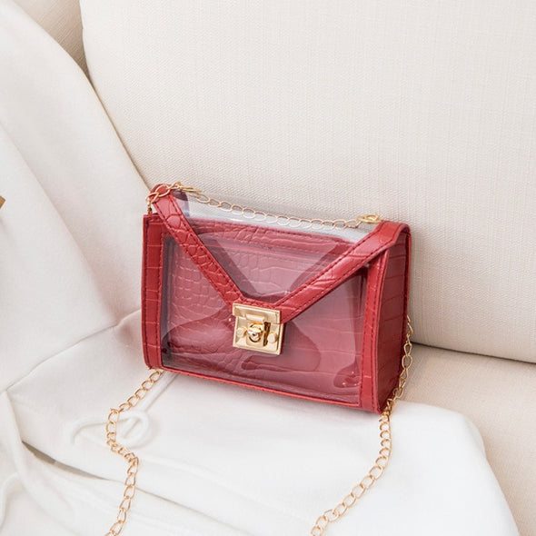 Crocodile Pattern Jelly Women's Shoulder Bag 2020 Summer Autumn Bags Transparent Handbag Personality Lock Chain Small Square Bag