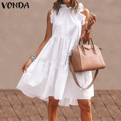 Summer Short Dress Women Sexy Sleeveless Ruffled Dress Beach Holiday Sundress 2021 VONDA Bohemian Vestidos  Robe Femme