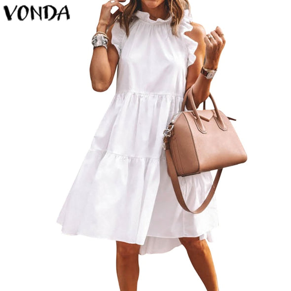 Summer Short Dress Women Sexy Sleeveless Ruffled Dress Beach Holiday Sundress 2021 VONDA Bohemian Vestidos  Robe Femme