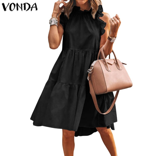 Summer Short Dress Women Sexy Sleeveless Ruffled Dress Beach Holiday Sundress 2021 VONDA Bohemian Vestidos  Robe Femme
