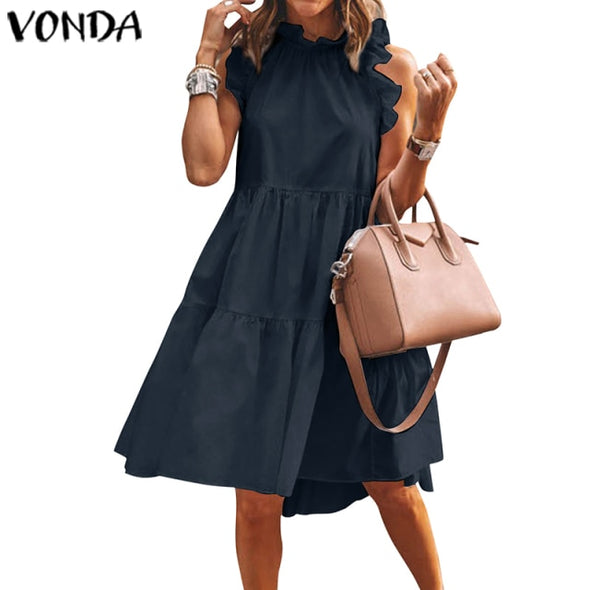 Summer Short Dress Women Sexy Sleeveless Ruffled Dress Beach Holiday Sundress 2021 VONDA Bohemian Vestidos  Robe Femme