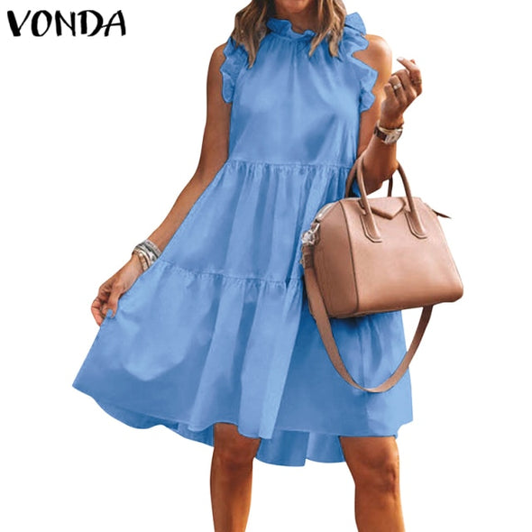 Summer Short Dress Women Sexy Sleeveless Ruffled Dress Beach Holiday Sundress 2021 VONDA Bohemian Vestidos  Robe Femme
