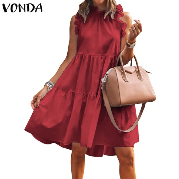 Summer Short Dress Women Sexy Sleeveless Ruffled Dress Beach Holiday Sundress 2021 VONDA Bohemian Vestidos  Robe Femme