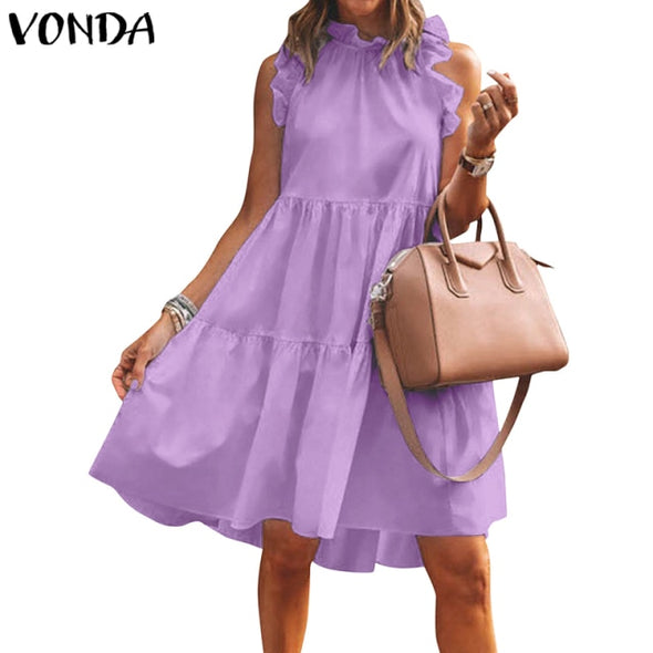 Summer Short Dress Women Sexy Sleeveless Ruffled Dress Beach Holiday Sundress 2021 VONDA Bohemian Vestidos  Robe Femme