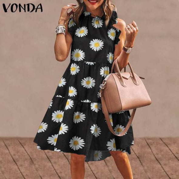 Summer Short Dress Women Sexy Sleeveless Ruffled Dress Beach Holiday Sundress 2021 VONDA Bohemian Vestidos  Robe Femme