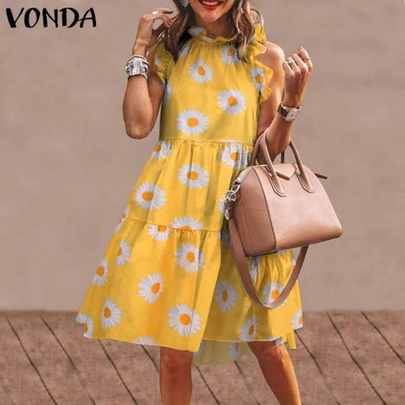 Summer Short Dress Women Sexy Sleeveless Ruffled Dress Beach Holiday Sundress 2021 VONDA Bohemian Vestidos  Robe Femme