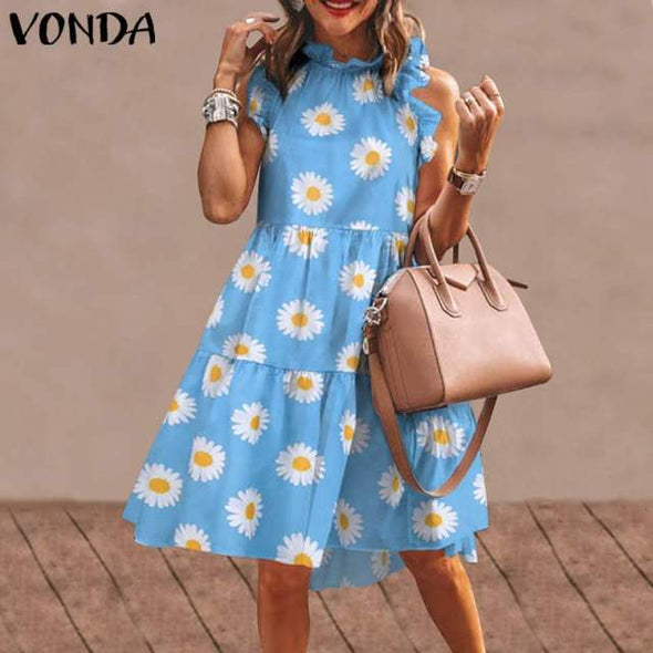 Summer Short Dress Women Sexy Sleeveless Ruffled Dress Beach Holiday Sundress 2021 VONDA Bohemian Vestidos  Robe Femme