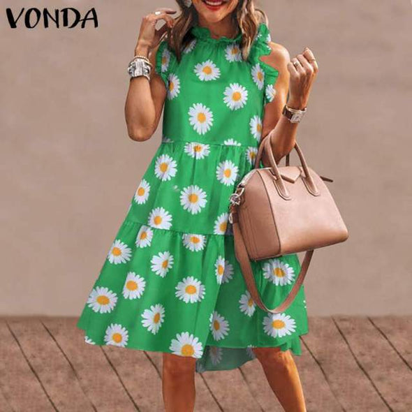 Summer Short Dress Women Sexy Sleeveless Ruffled Dress Beach Holiday Sundress 2021 VONDA Bohemian Vestidos  Robe Femme