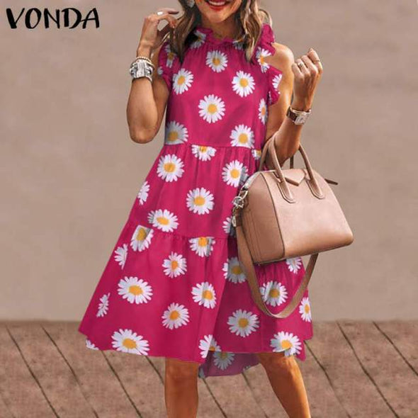 Summer Short Dress Women Sexy Sleeveless Ruffled Dress Beach Holiday Sundress 2021 VONDA Bohemian Vestidos  Robe Femme