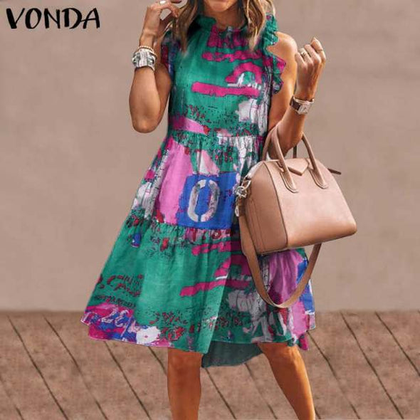 Summer Short Dress Women Sexy Sleeveless Ruffled Dress Beach Holiday Sundress 2021 VONDA Bohemian Vestidos  Robe Femme