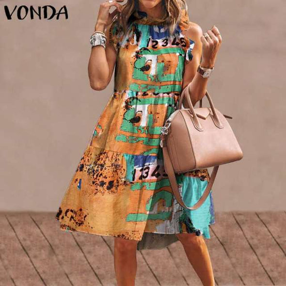 Summer Short Dress Women Sexy Sleeveless Ruffled Dress Beach Holiday Sundress 2021 VONDA Bohemian Vestidos  Robe Femme