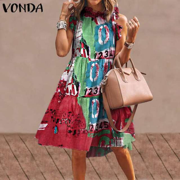 Summer Short Dress Women Sexy Sleeveless Ruffled Dress Beach Holiday Sundress 2021 VONDA Bohemian Vestidos  Robe Femme