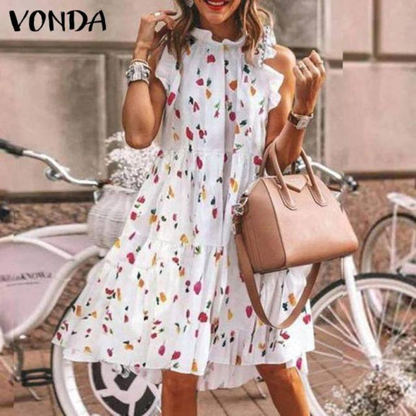 Summer Short Dress Women Sexy Sleeveless Ruffled Dress Beach Holiday Sundress 2021 VONDA Bohemian Vestidos  Robe Femme