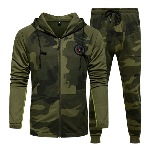 Camo Men Tracksuit Hooded Outerwear Hoodie Set 2 Pieces Autumn Sporting Male Fitness Camouflage Sweatshirts Jacket + Pants Sets