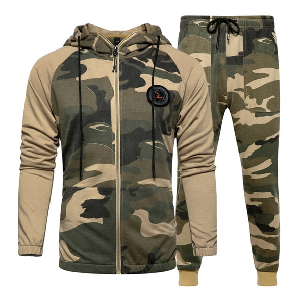 Camo Men Tracksuit Hooded Outerwear Hoodie Set 2 Pieces Autumn Sporting Male Fitness Camouflage Sweatshirts Jacket + Pants Sets