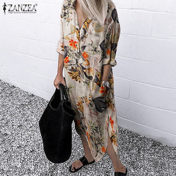 ZANZEA 2021 Women Lapel Long Sleeve Autumn Shirt Dress Cotton Split Dresses Elegant Solid Work Office Vestidos Female Tunic Robe