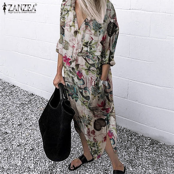 ZANZEA 2021 Women Lapel Long Sleeve Autumn Shirt Dress Cotton Split Dresses Elegant Solid Work Office Vestidos Female Tunic Robe