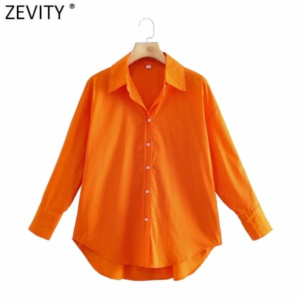 Zevity New Women Simply Candy COlor Single Breasted Poplin Shirts Office Lady Long Sleeve Blouse Roupas Chic Chemise Tops LS9114