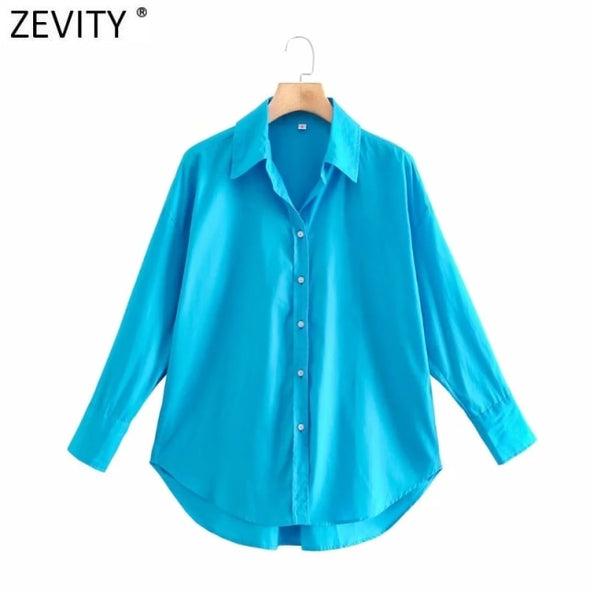 Zevity New Women Simply Candy COlor Single Breasted Poplin Shirts Office Lady Long Sleeve Blouse Roupas Chic Chemise Tops LS9114