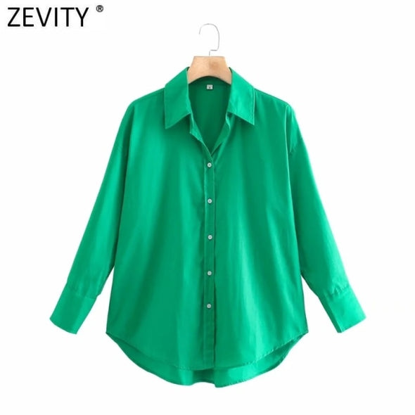 Zevity New Women Simply Candy COlor Single Breasted Poplin Shirts Office Lady Long Sleeve Blouse Roupas Chic Chemise Tops LS9114
