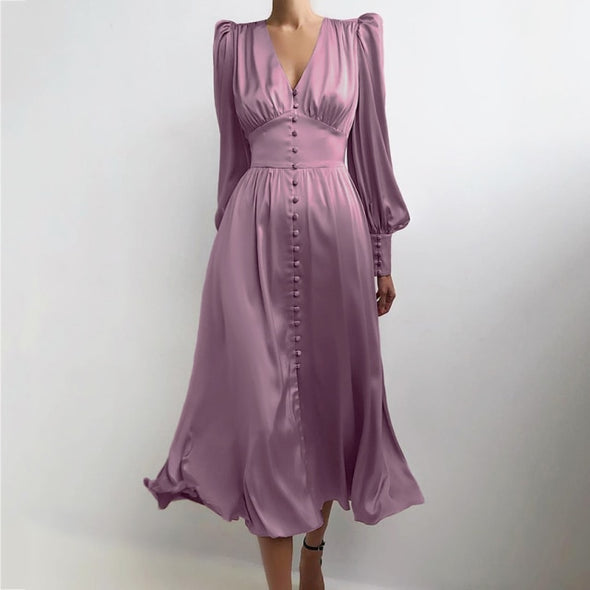 OOTN Beige Single Breasted Sexy Dress Party Clud High Waist Satin Long Dress Elegant V Neck Women Midi Dresses Lantern Sleeve