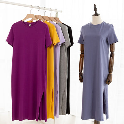 Casual Women Split Long Dress O-neck Short Sleeve Solid blue Summer Y2K Cotton T shirt Dress Sales M30465