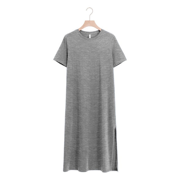 Casual Women Split Long Dress O-neck Short Sleeve Solid blue Summer Y2K Cotton T shirt Dress Sales M30465