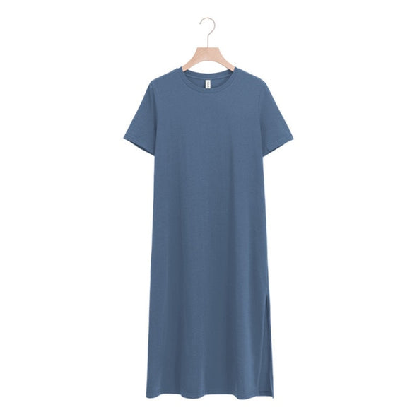 Casual Women Split Long Dress O-neck Short Sleeve Solid blue Summer Y2K Cotton T shirt Dress Sales M30465