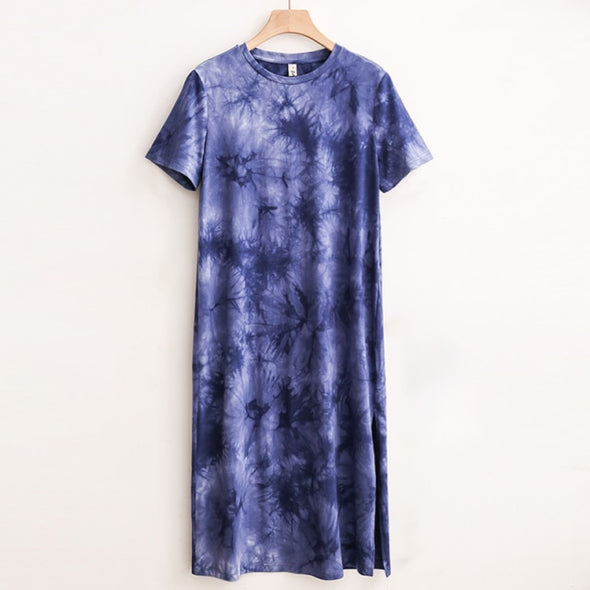 Casual Women Split Long Dress O-neck Short Sleeve Solid blue Summer Y2K Cotton T shirt Dress Sales M30465