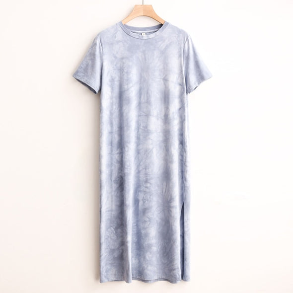 Casual Women Split Long Dress O-neck Short Sleeve Solid blue Summer Y2K Cotton T shirt Dress Sales M30465