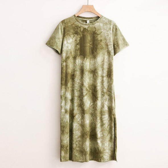 Casual Women Split Long Dress O-neck Short Sleeve Solid blue Summer Y2K Cotton T shirt Dress Sales M30465