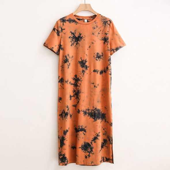 Casual Women Split Long Dress O-neck Short Sleeve Solid blue Summer Y2K Cotton T shirt Dress Sales M30465