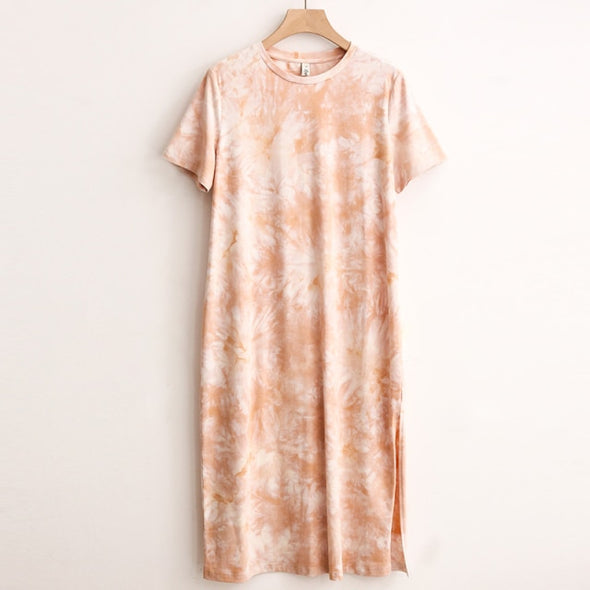 Casual Women Split Long Dress O-neck Short Sleeve Solid blue Summer Y2K Cotton T shirt Dress Sales M30465