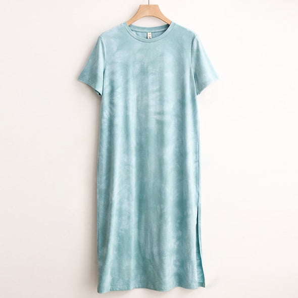 Casual Women Split Long Dress O-neck Short Sleeve Solid blue Summer Y2K Cotton T shirt Dress Sales M30465
