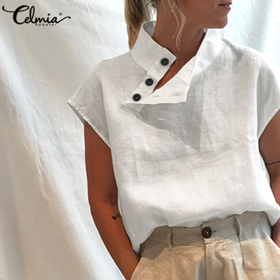 Oversized Celmia Stylish Women Shirts 2021 Summer Cotton Linen Blouses Short Sleeve Buttons Blusas Casual Loose Solid Tunic Top