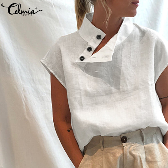 Oversized Celmia Stylish Women Shirts 2021 Summer Cotton Linen Blouses Short Sleeve Buttons Blusas Casual Loose Solid Tunic Top