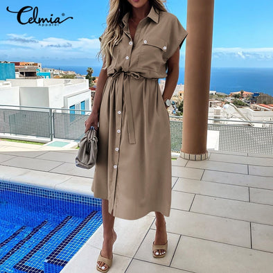 Celmia Summer Sundress Women Elegant Party Dress 2021 Short Sleeve Casual Buttons Vintage High Waist Work Midi Vestido Oversized