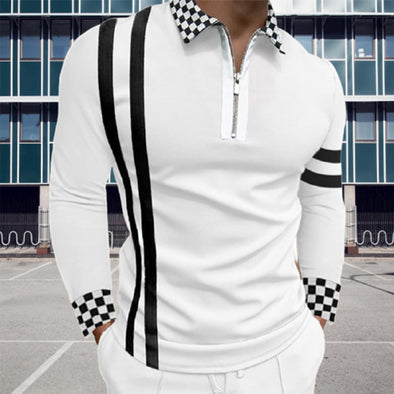 Fashion Patchwork Striped Long Sleeve Tops Male Casual Zip-up Turn-down Collar Polo Shirts Vintage Casual Men's Slim Polo Shirt