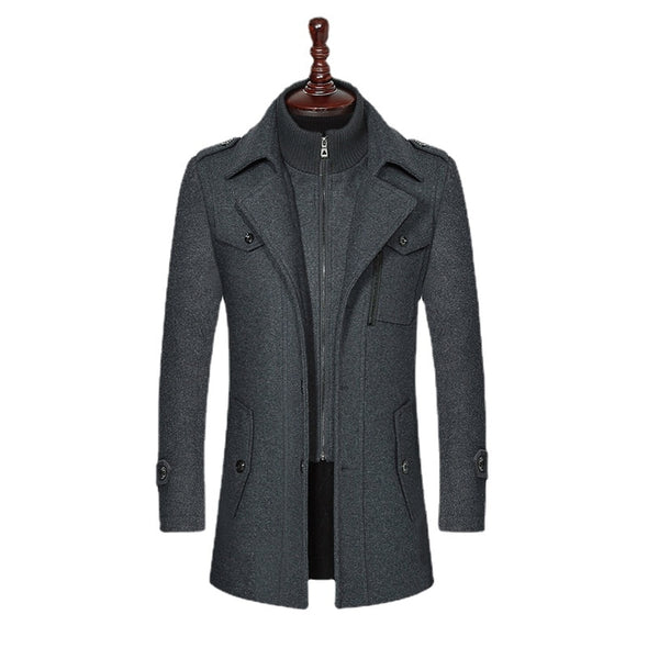 Fashion Winter Mens Wool Blends Double Collar Thick Jacket Single Breasted Trench Coat Men