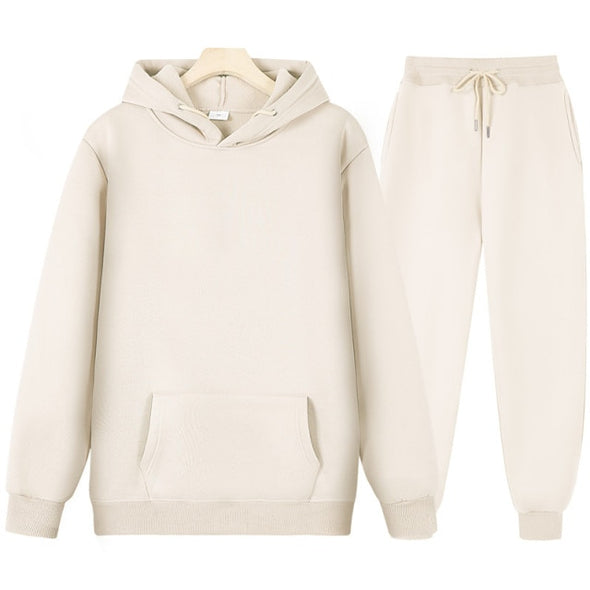 New Men Women Tracksuit Hoodies Casual Solid Color Thick Pullover and Long Pant 2-piece Set Men Autumn Fleece Jogger Sports Suit