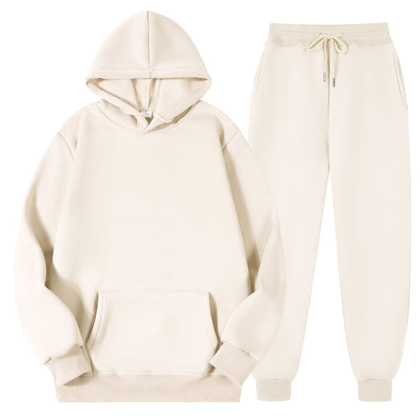 Men's Women's Casual Hoodies Sets Solid Color Fleece Hooded Sweatshirts+Pants Suit Male Autumn Winter Sportswear Two Pieces Set