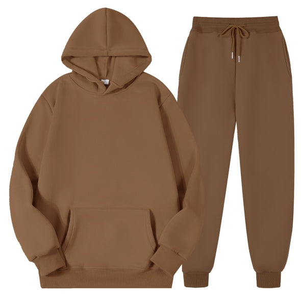 Men's Women's Casual Hoodies Sets Solid Color Fleece Hooded Sweatshirts+Pants Suit Male Autumn Winter Sportswear Two Pieces Set