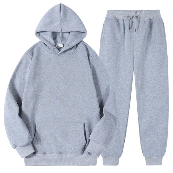 Men's Women's Casual Hoodies Sets Solid Color Fleece Hooded Sweatshirts+Pants Suit Male Autumn Winter Sportswear Two Pieces Set