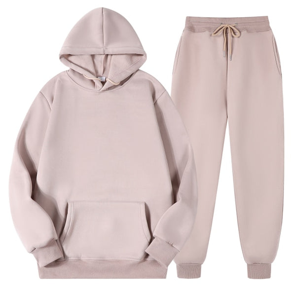 Men's Women's Casual Hoodies Sets Solid Color Fleece Hooded Sweatshirts+Pants Suit Male Autumn Winter Sportswear Two Pieces Set