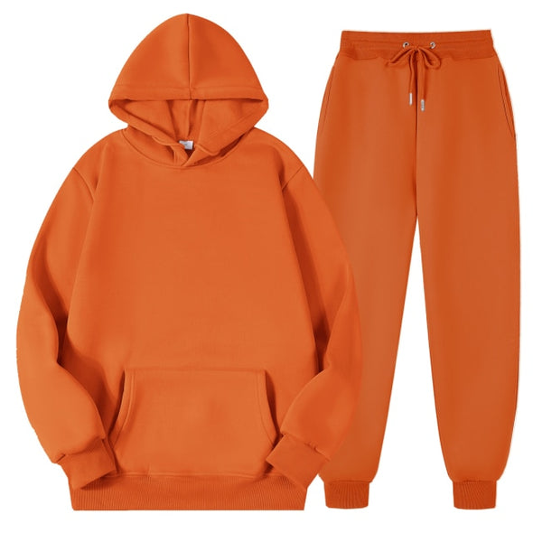 Men's Women's Casual Hoodies Sets Solid Color Fleece Hooded Sweatshirts+Pants Suit Male Autumn Winter Sportswear Two Pieces Set