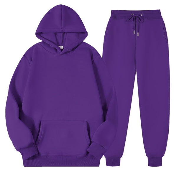 Men's Women's Casual Hoodies Sets Solid Color Fleece Hooded Sweatshirts+Pants Suit Male Autumn Winter Sportswear Two Pieces Set
