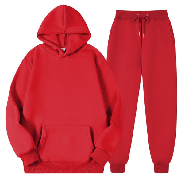 Men's Women's Casual Hoodies Sets Solid Color Fleece Hooded Sweatshirts+Pants Suit Male Autumn Winter Sportswear Two Pieces Set