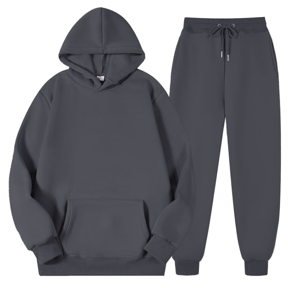 Men's Women's Casual Hoodies Sets Solid Color Fleece Hooded Sweatshirts+Pants Suit Male Autumn Winter Sportswear Two Pieces Set